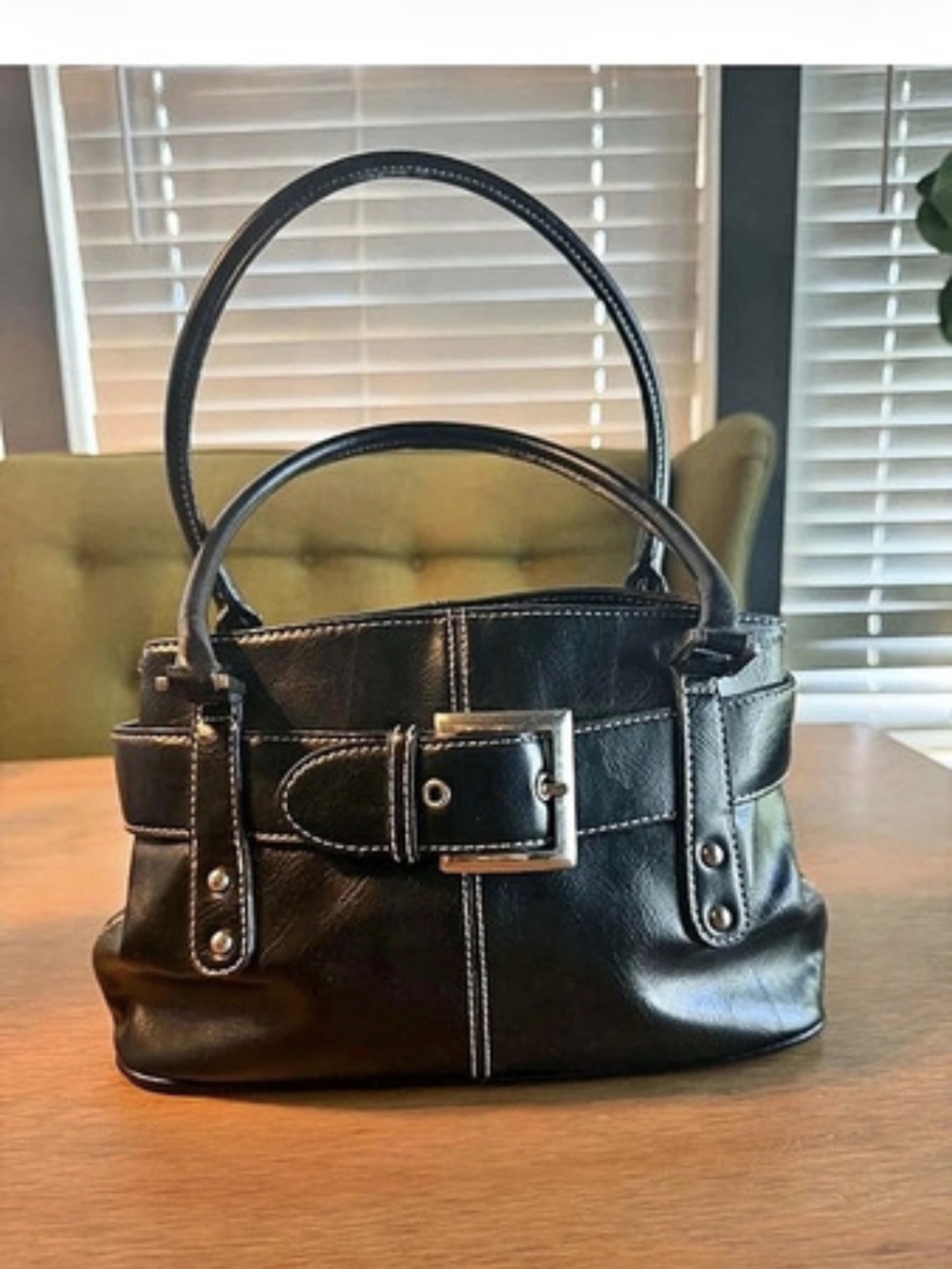 St John's Bay Black Leather Purse Hand/Shoulder Bag Big Buckle Y2K